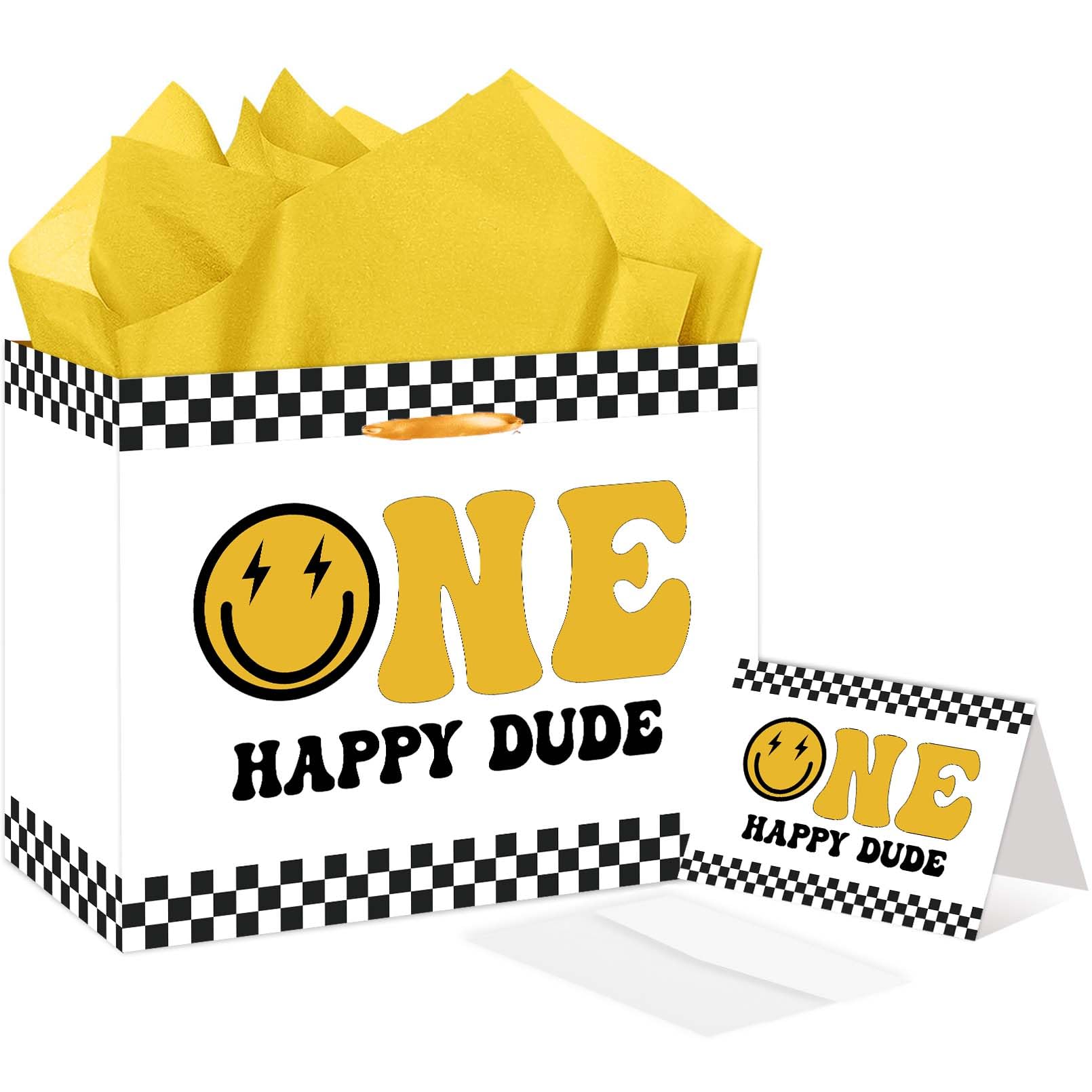 Photo 1 of **2 pack** RTMISA One Happy Dude Birthday Gift Bag with Tissue Paper and Greeting Card Boy One Year Old Birthday Gifts Wrapping Paper Bag, First Bday Boy Present Wrap, 1st Birth Day Party Decorations Supplies