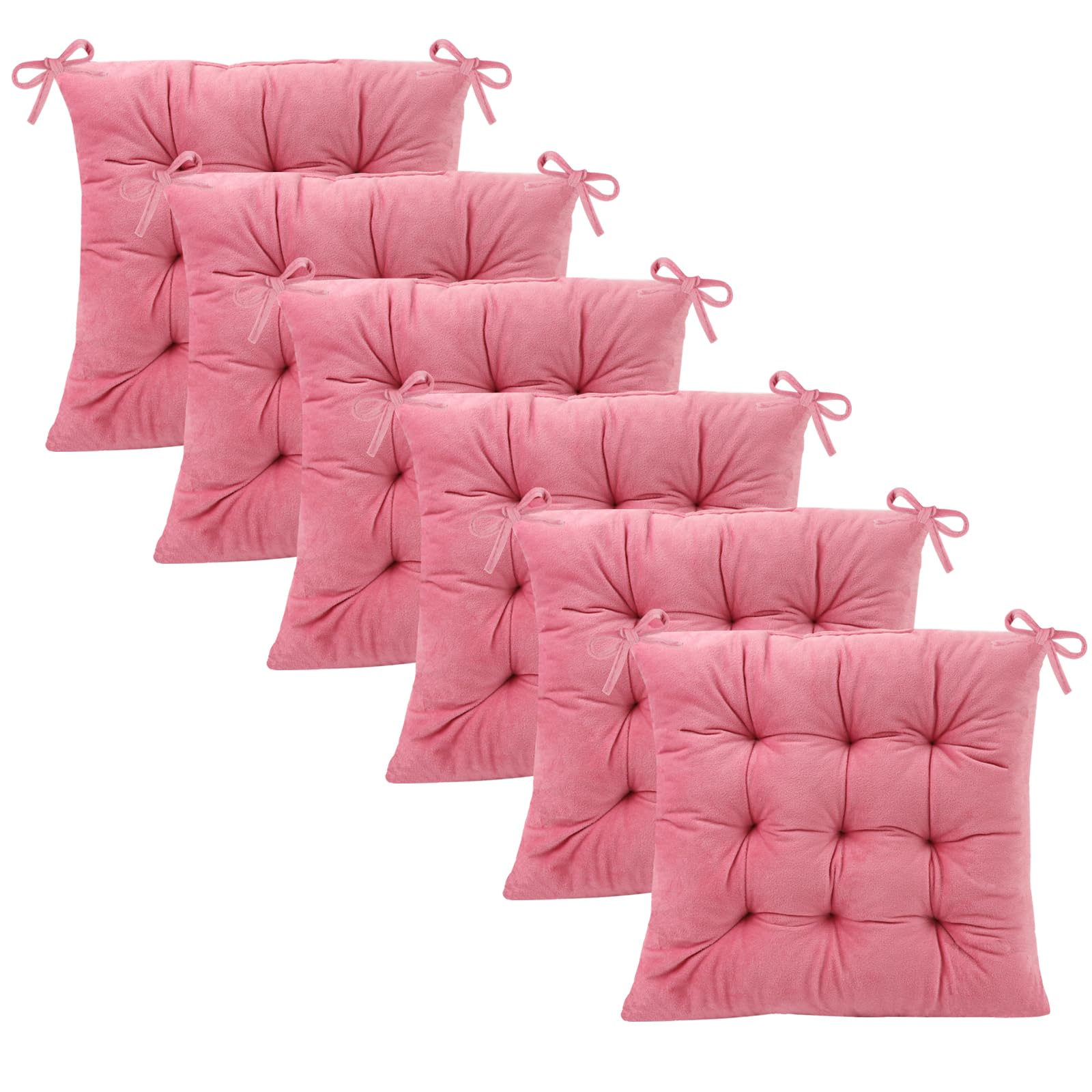 6 Pack Square Seat Cushion Chair Pads for Kitchen Dining Chairs, Soft Comfort Velvet Chair Mat Pillow Cushions with Ties for Office Desk Living Room Tatami 15.5", Pink