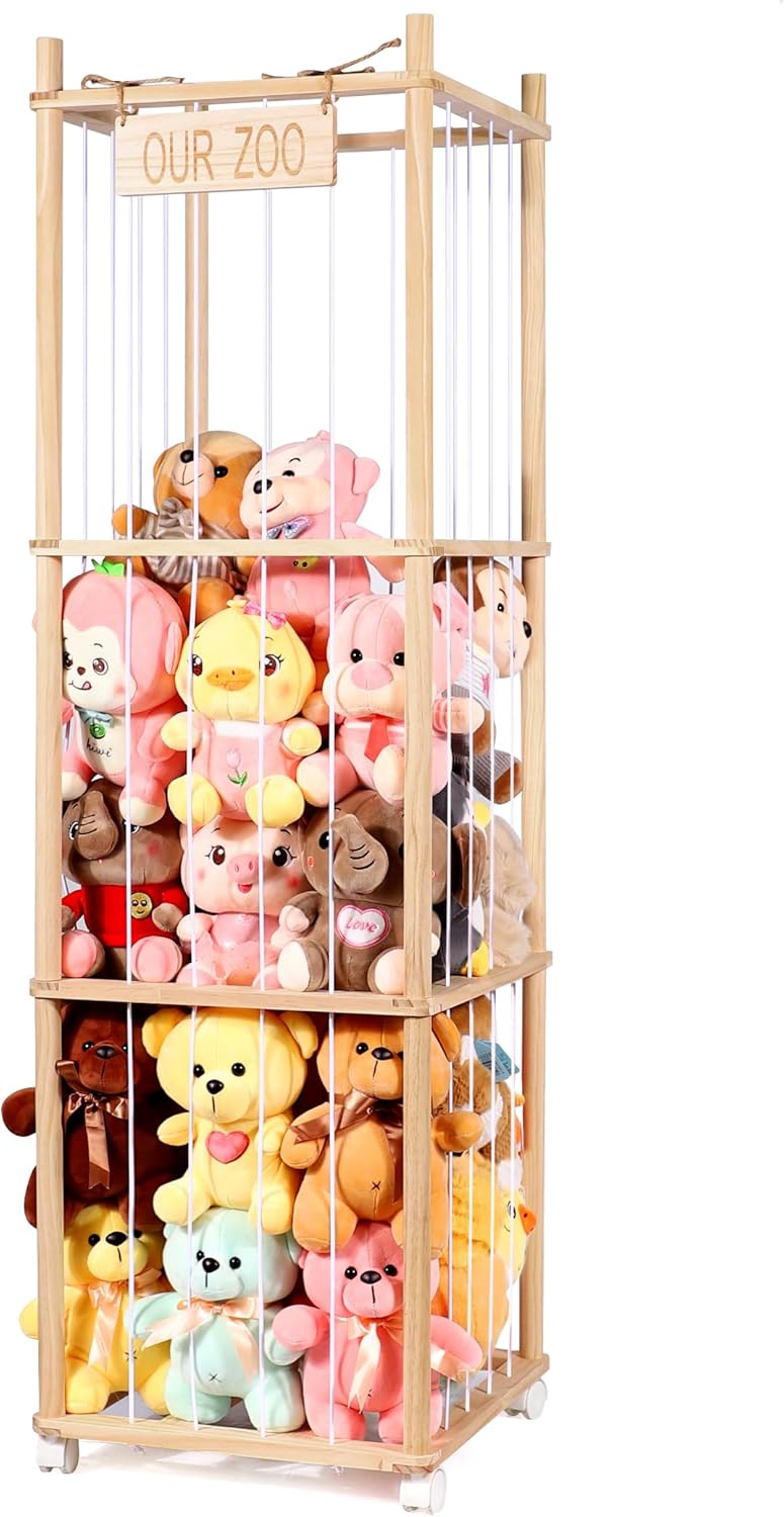 Stuffed Animal Storage & Organizer, Wooden Stuffed Animal Zoo, Large Toy Storage Organizer & Holder, Plush Toy Display Tower Shelf with Wheels for Toddler Rooms, Playrooms & Kids Bedrooms