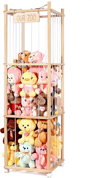 CEOJPA Stuffed Animal Storage & Organizer, Wooden Stuffed Animal Zoo, Large Toy Storage Organizer & Holder, Plush Toy Display Tower Shelf with Wheels for Toddler Rooms, Playrooms & Kids Bedrooms