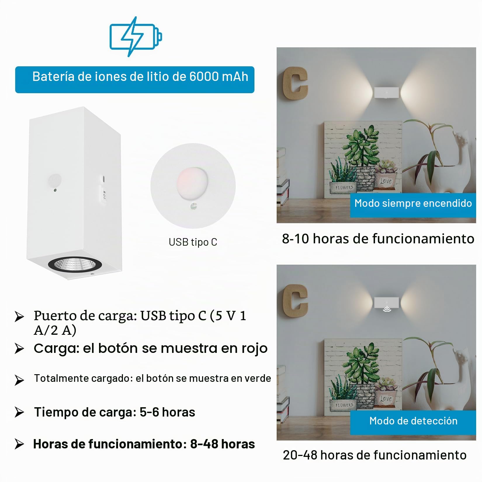 Aipsun 2 piezas LED recargable luz de pared con detector de movimiento blanco, 6000mAh, lámpara de pared inalámbrica con 3 modos, 6W 2700K para escaleras, pasillo, sala de estar, dormitorio, garaje