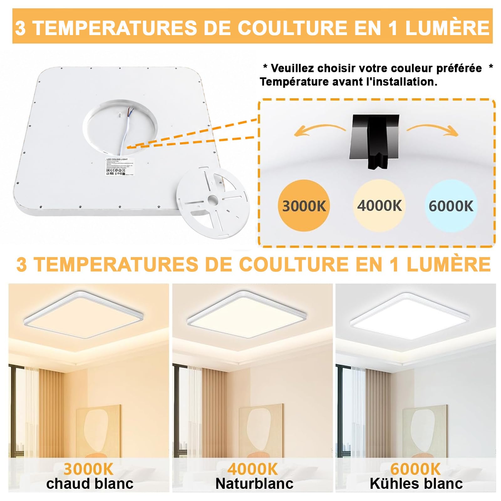 Plafonnier LED 18W, 6000K/4000K/3000K, 1800LM IP54 Ultra Plat, LED Plafond Carré Moderne pour Salle de Bain Cuisine Couloir Chambre Balcon Salon Diamètre Ø23 cm, Blanc Lot de 4