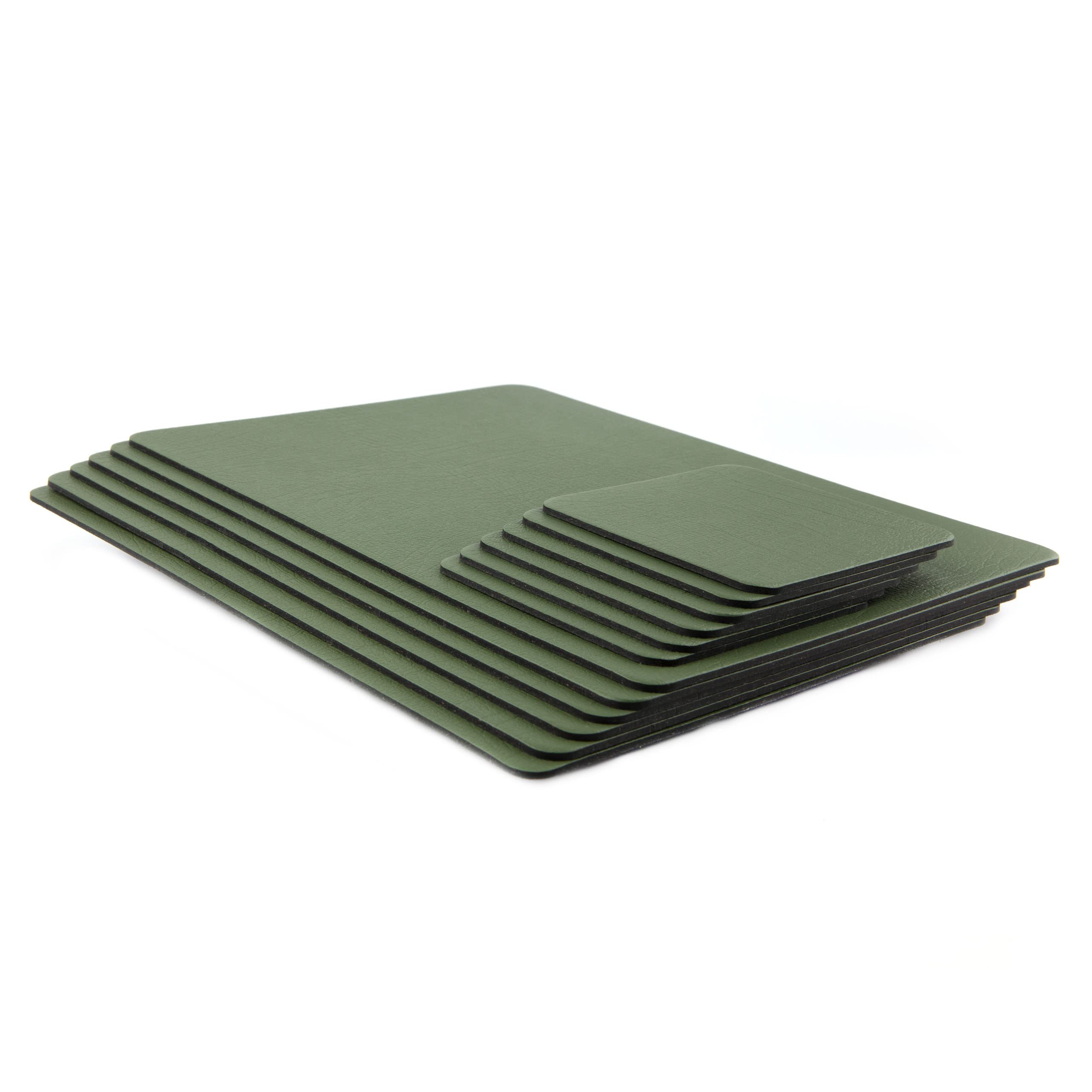 Lara- May Collection Sets of 6 Olive Green Recycled Leather Placemats (28cm x 21cm) and 6 Recycled Leather Coasters. Made in The UK by Lara-May Ltd. Sage Green Placemats…