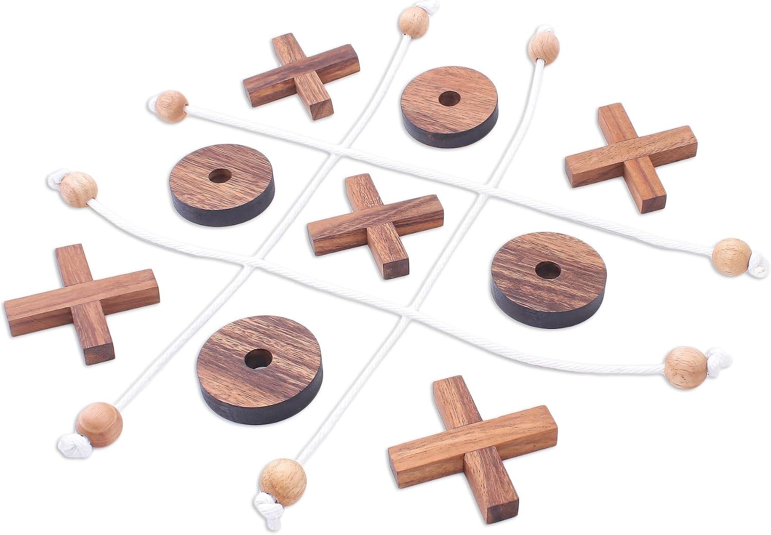 NOVICA Artisan Handmade Wood Game Raintree Tictactoe from Thailand Brown Chess Sets Games Boards [Pieces 3in H x 3in W x 0.6in D Pieces 0.6in H x 2.9in Diam. Board 19in L x 0.2in W] ' Roped in'