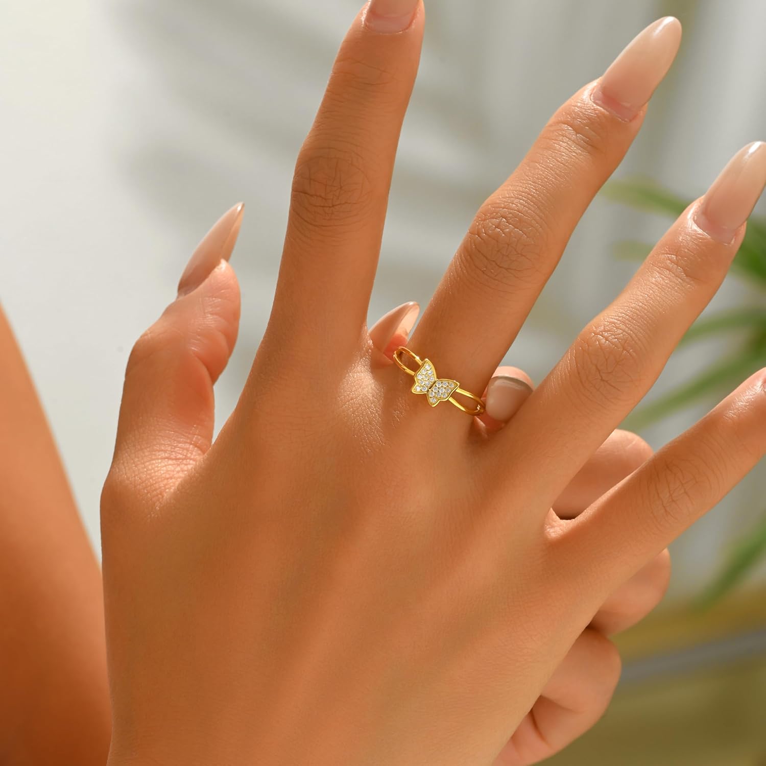 Butterfly Rings for Women,925 Sterling Silver Dainty CZ Butterfly Double Layer Stackable Rings to Daughter Mother 14K Gold Plated Crystal Butterfly Animal Rings Spring Jewelry Gifts for Easter Mothers Day