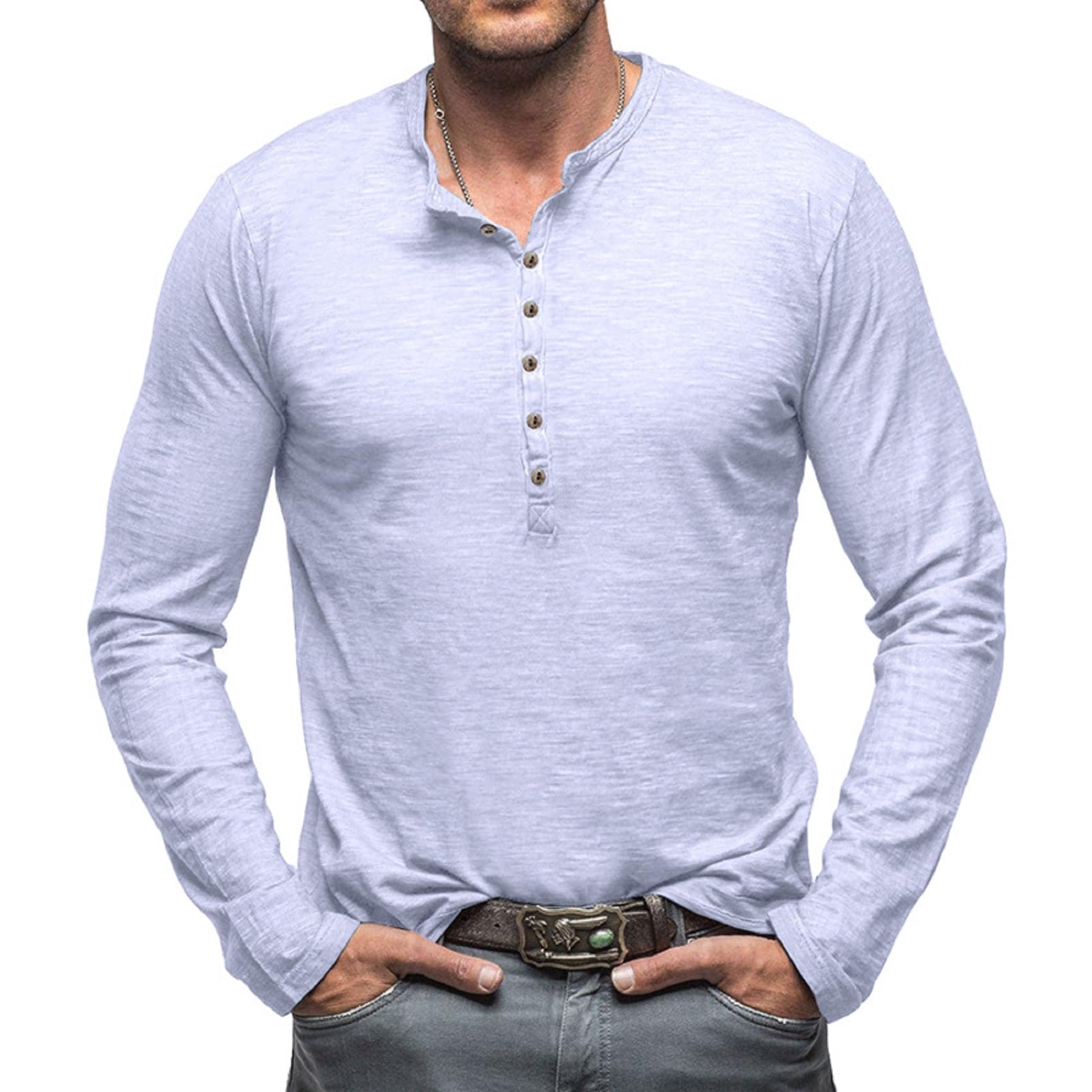 Plilima Maglietta da Uomo Manica Lunghe Casuale Henley Tshirt Uomo Cotone t Shirt Vintage Uomo