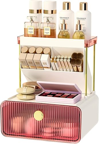 Miniatura 12 de FOLLOWIN Organizador de mostrador de baño con cajón, organizador para la parte superior de la cómoda con soporte para brochas de maquillaje, estante