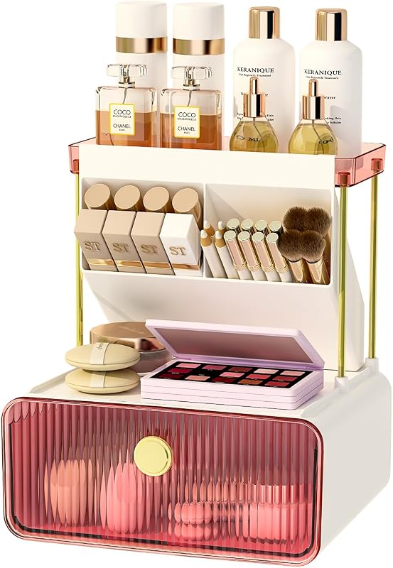 Organizador de cosméticos FOLLOWIN com gaveta, bandeja e suporte para pincéis, Blush Pink
