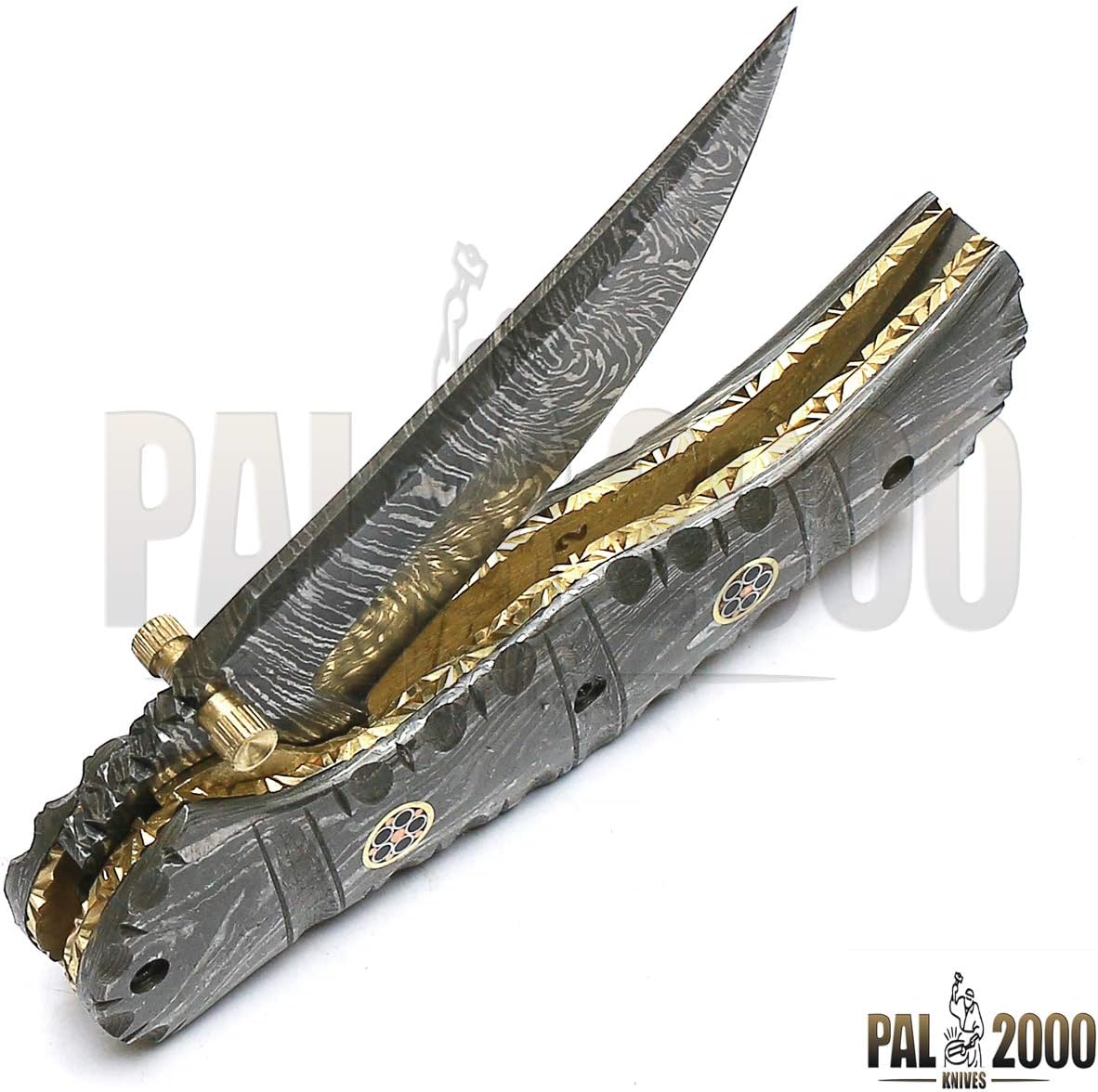 PAL 2000 KNIVES FPK-9020 Custom Handmade Damascus Steel 7.4 Inch Folding Pocket Knife Damascus Handle with Sheath