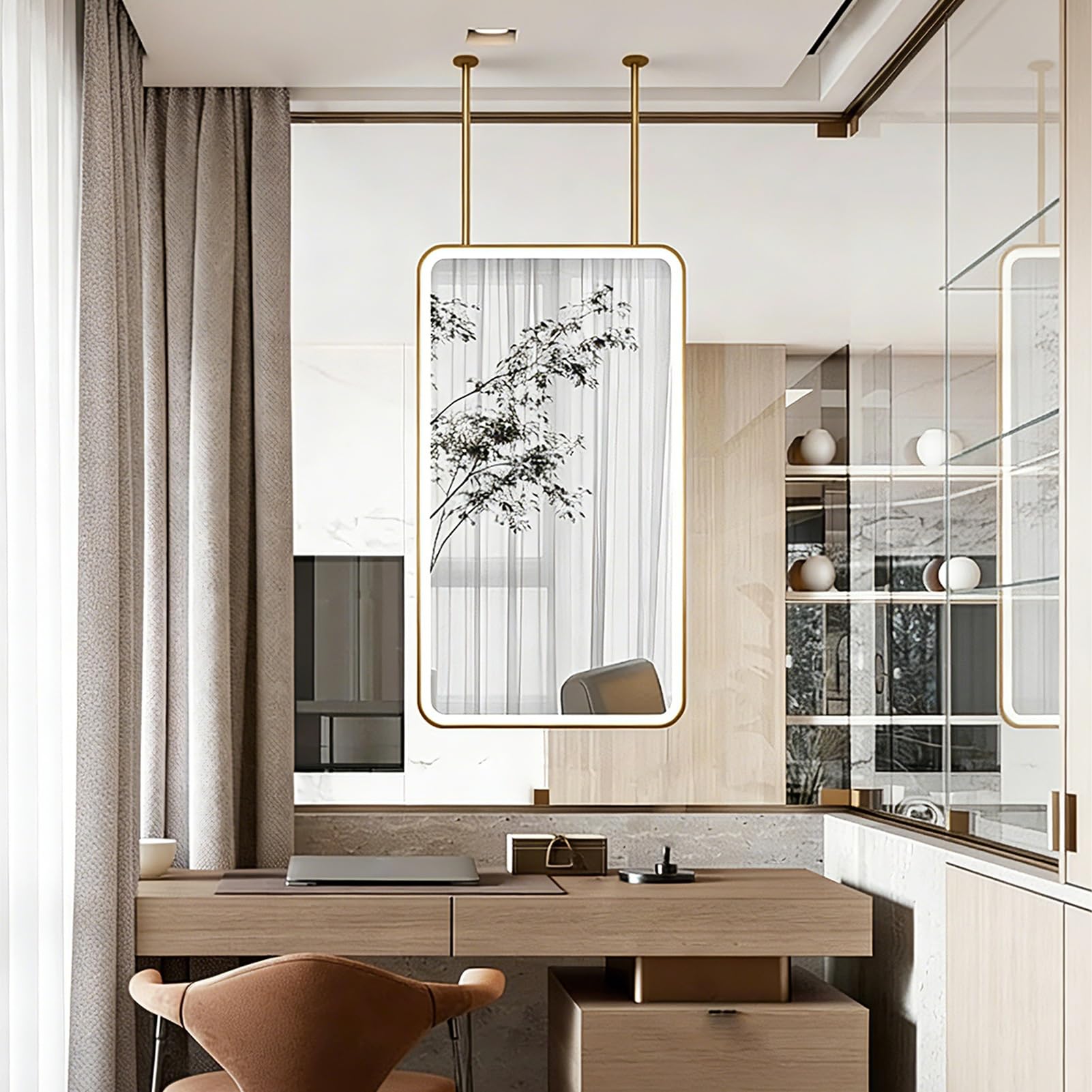 FGXHHS Gold Ceiling Hanging LED Mirror Floating Bathroom Decorative Mirrors，Large Metal Framed Wall Suspended Vanity Makeup Mirrors for Bedroom Cloakroom Living Room(50cmx60cm)