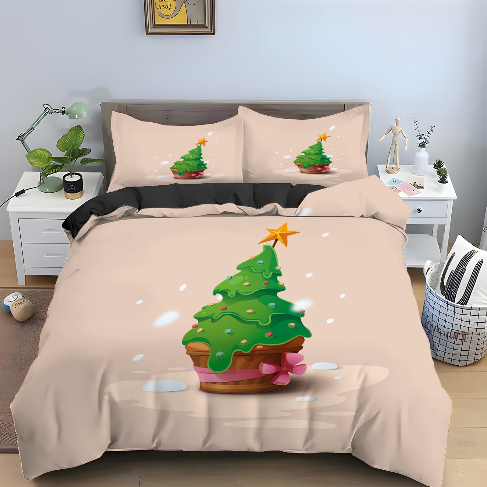 Parure de lit 90x190 Arbre de Noël avec housse de couette en microfibre et 2 taies d'oreiller