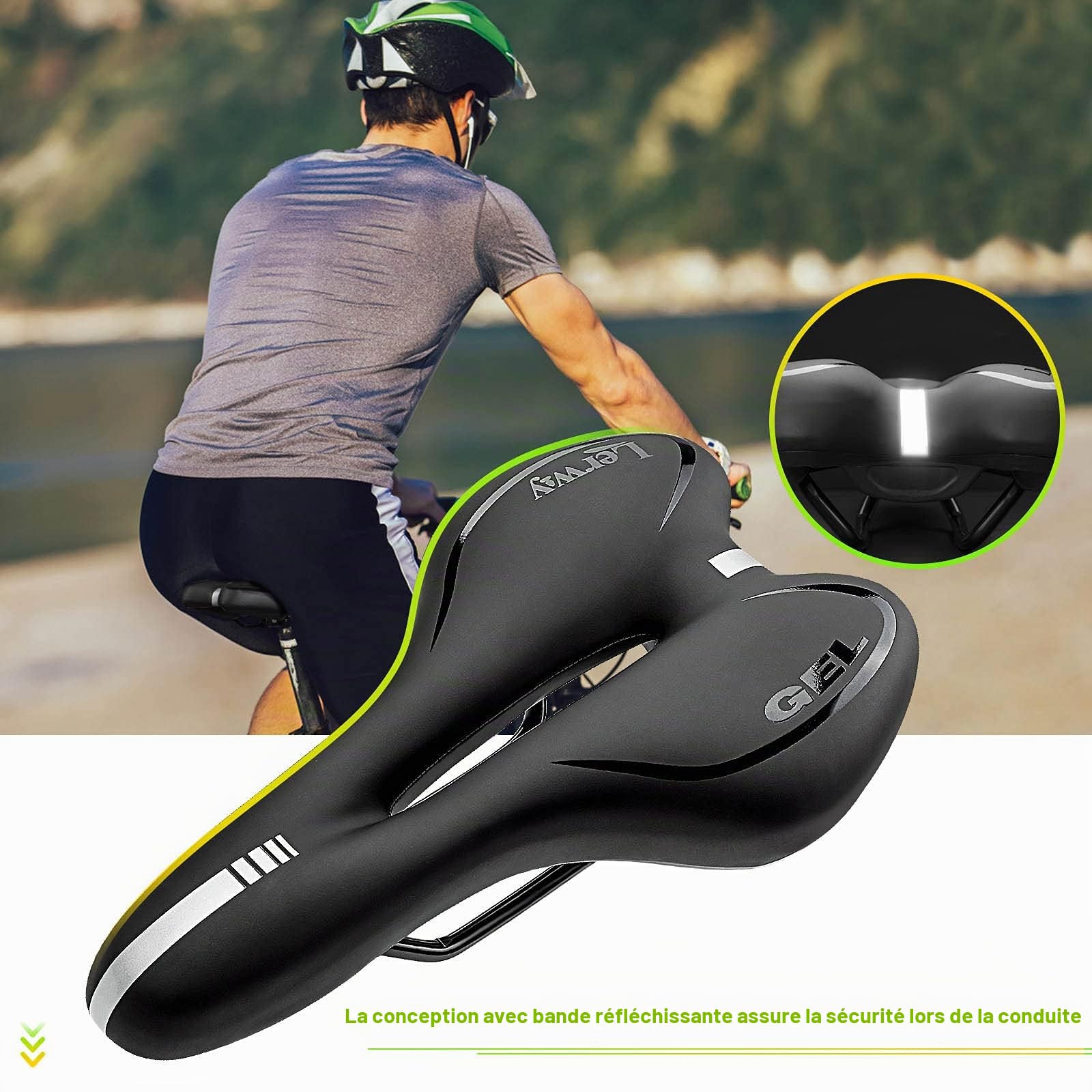 LERWAY Selle Vélo VTT, Selle Vélo MTB, Noir Siège de Vélo Route de Cyclisme BMX, Respirant Selle Vélo en PU Cuir, Imperméable Selle Velo Confortable Creux Réfléchissant Bike Saddle