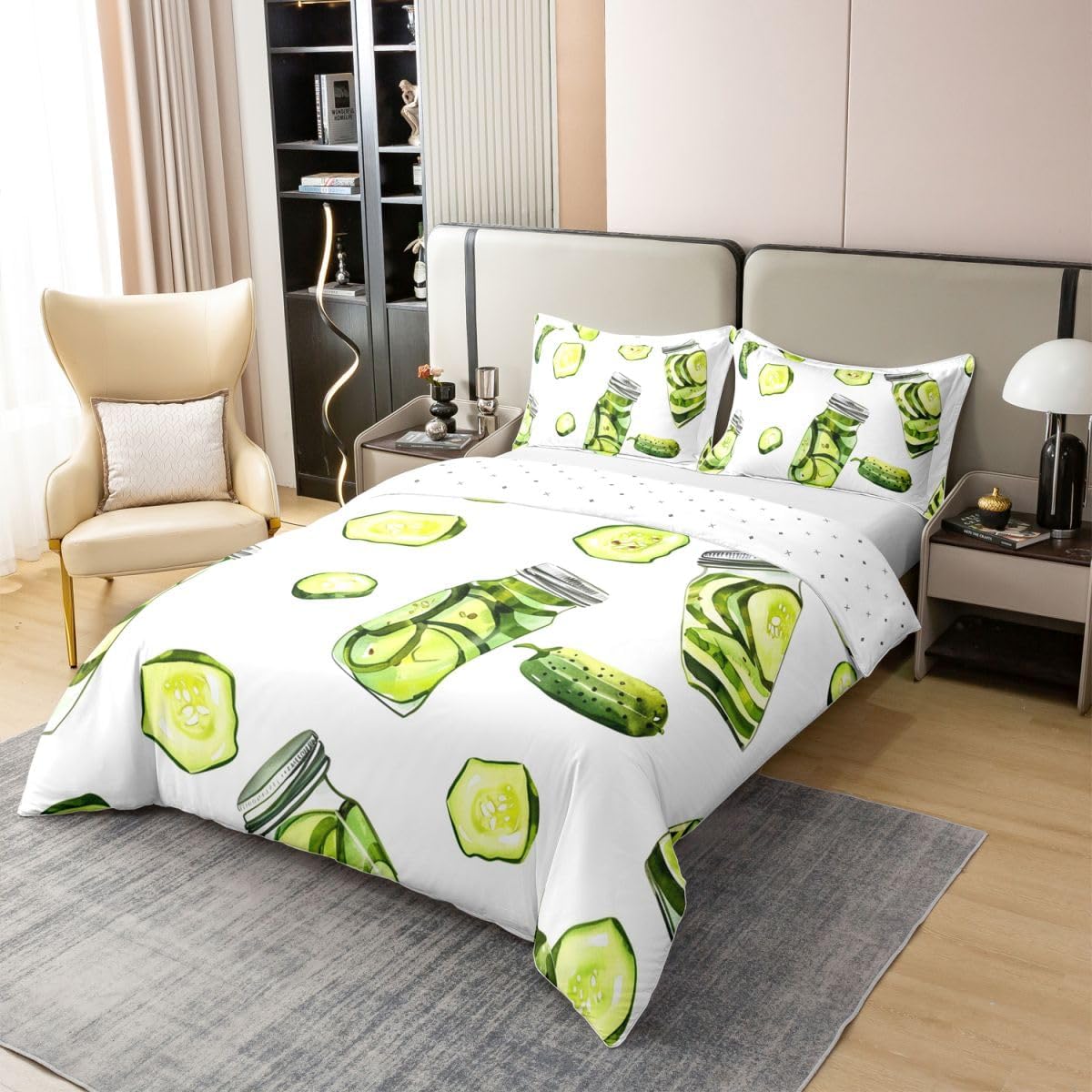 Pickles Cucumber Print 100% Cotton Duvet Cover Queen Size for,Pickles Bottle Bedding Set 3Pcs Teens Youth Room Decor,Watercolor Cucumber Slices Comforter Cover White Green Quilt Cover,2 Pillowcases image 3