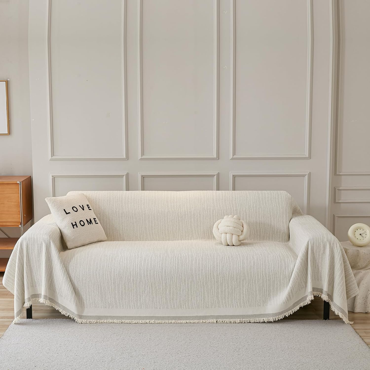 1 pcs Chenille Jacquard Sofa Slipcover, Yarn-Dyed Thickened Couch Cover, Gray,Beige and White Multiple for 1-4 Person Sofas, Fringe Edge (Beige White, 70.87 * 149.61inch)