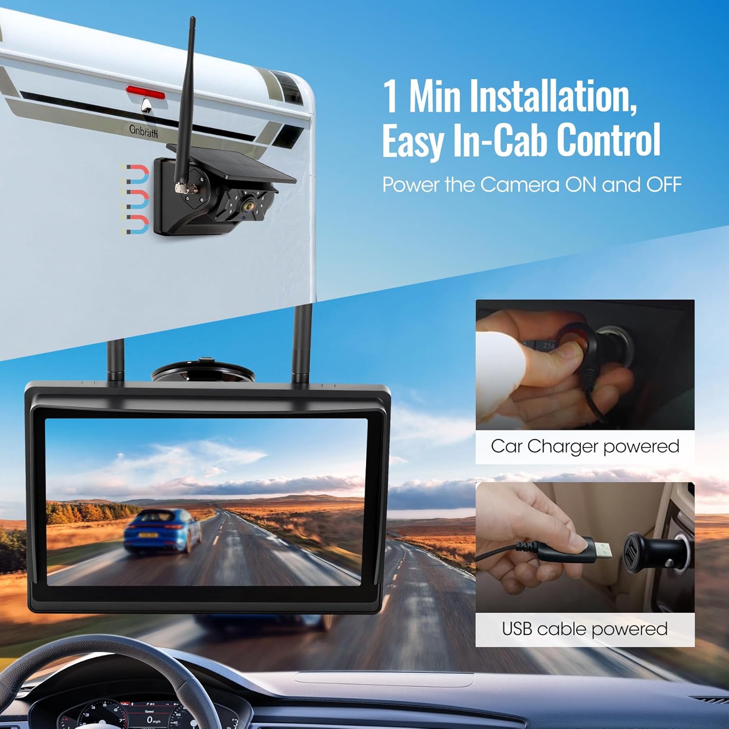 Magnetic Solar Wireless Backup Camera System, 7" IPS Touchscreen with DVR, Rechargeable IR Night Vision Rear View Camera, Zero Wiring RV Camera for Hitching Trailers/Fifth Wheels/Campers, AH7