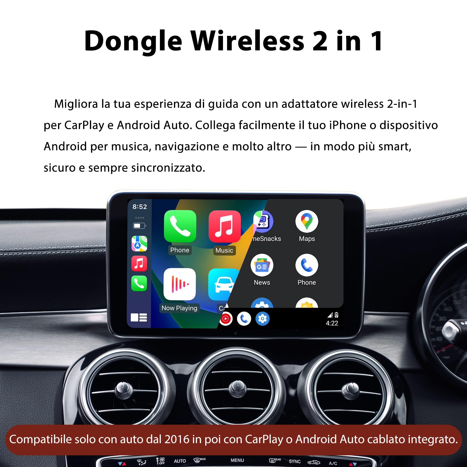 Sunweyer Wireless CarPlay Android Auto Dongle 2 IN 1 Adattatore Cablato a Wireless Mini S28