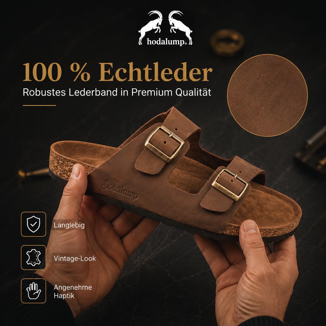 hodalump Sandalen Herren – Hausschuhe/Patschen mit ergonomischer Korksohle – Pantoffeln Rutschfest & bequem, Hauspantoffeln
