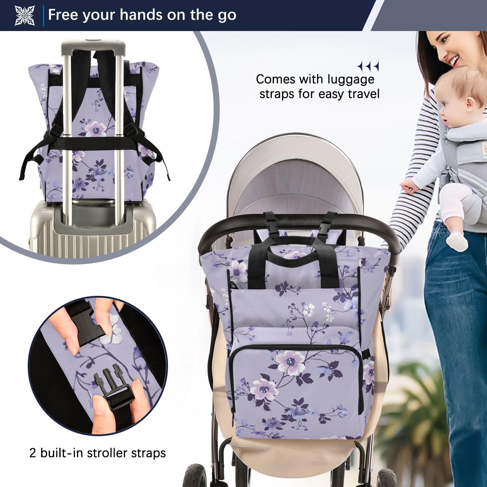 Mochila para pañales para mamás, papás, estilo lento, violeta, vainilla