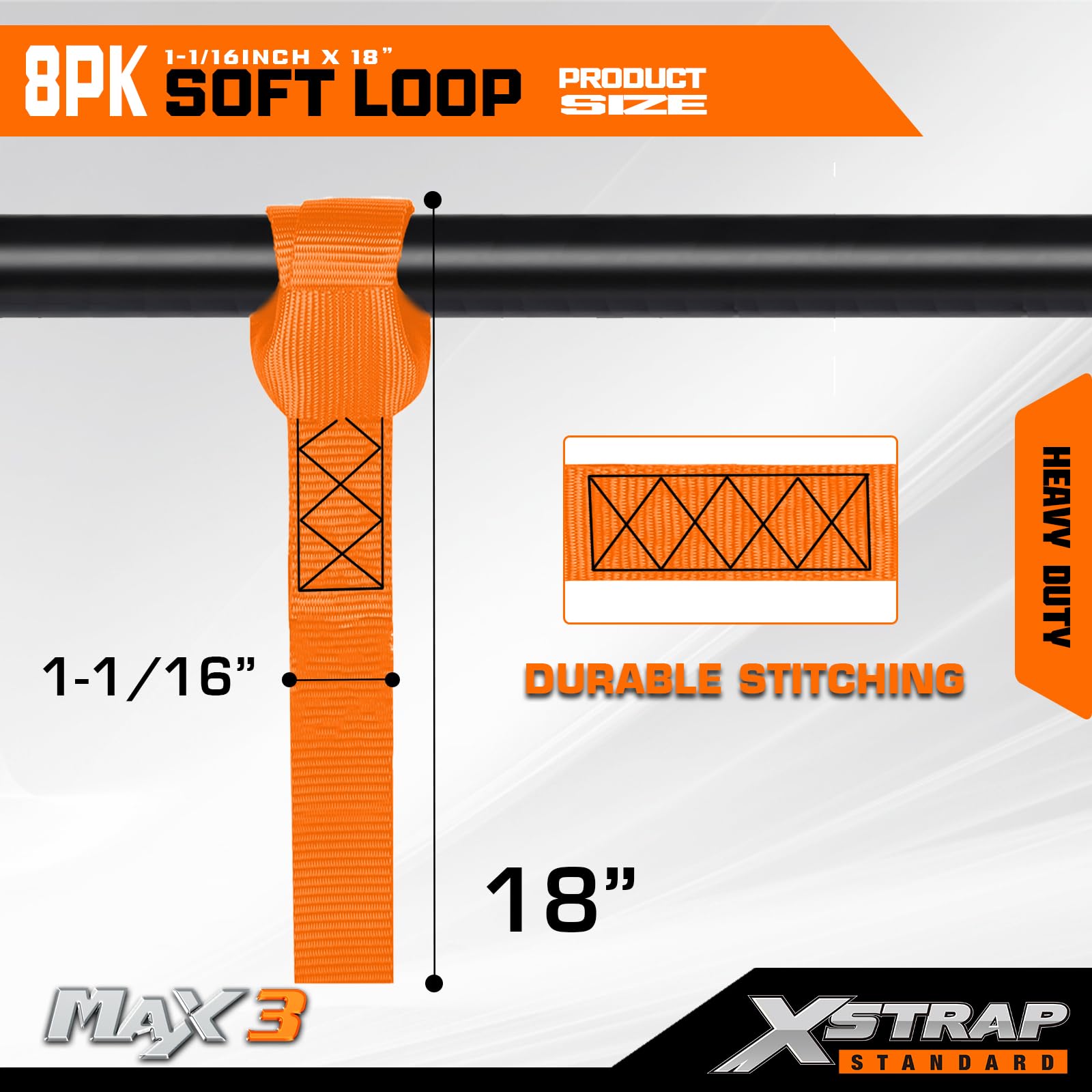 XSTRAP STANDARD Miękkie paski mocujące z pętelką, 8 szt., wytrzymałość na rozerwanie 1-1/40 x 45 cm - 1,632 kg, pętle do zabezpieczania przyczep rowerów, ATV, UTV, motocykli, skuterów, motocykli crossowych, sprzętu do trawnika, pomarańczowe