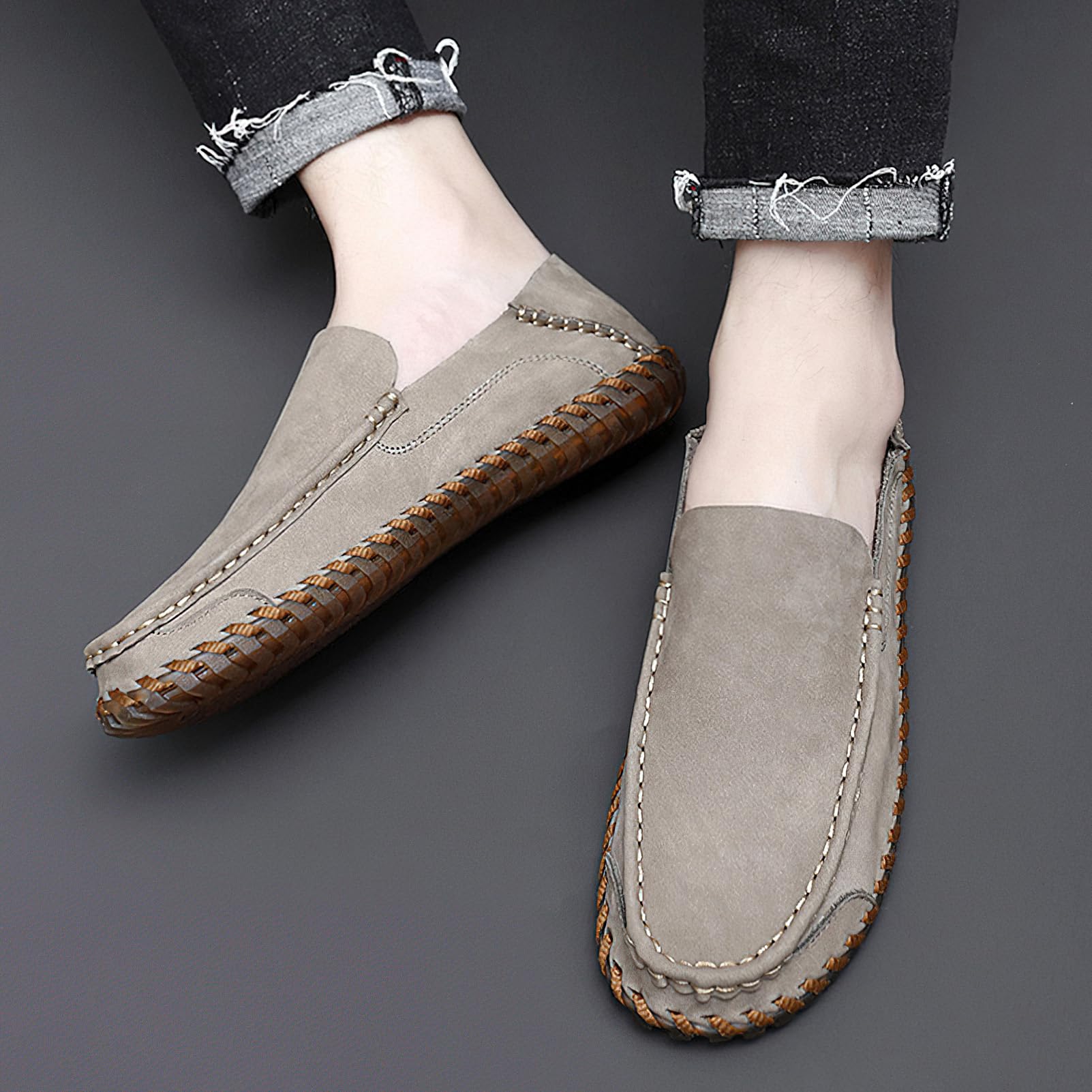 rismart Herren Slipper Mokassin Schuhe für Autofahrer Leder Lässig Schlüpfen Hausschuhe Flats