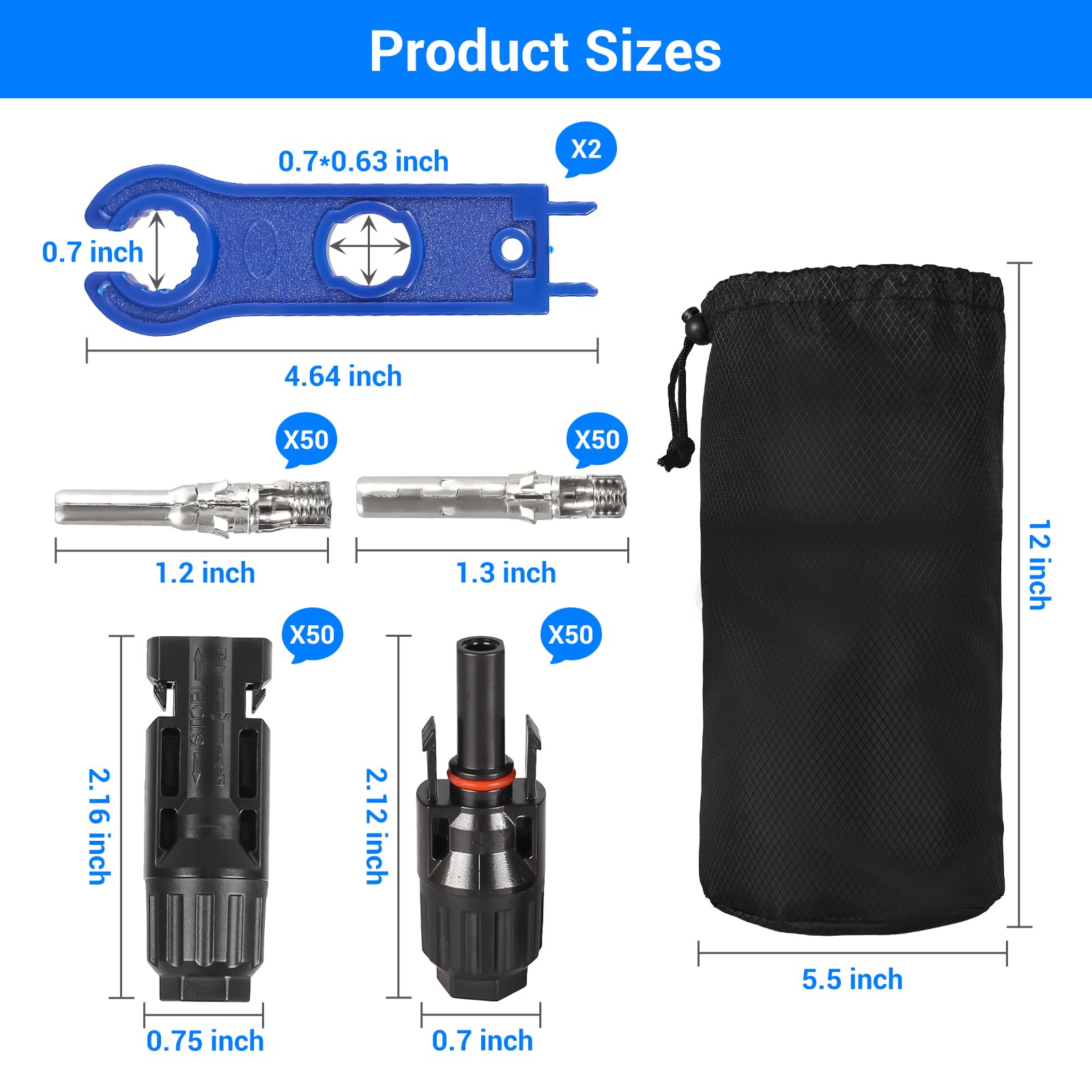 Lot de 50 paires de connecteurs solaires PV mâle/femelle et 2 clés à molette, connecteurs de câble pour câble PV de 2,5/4/6 mm², étanche IP68 avec sac en nylon noir