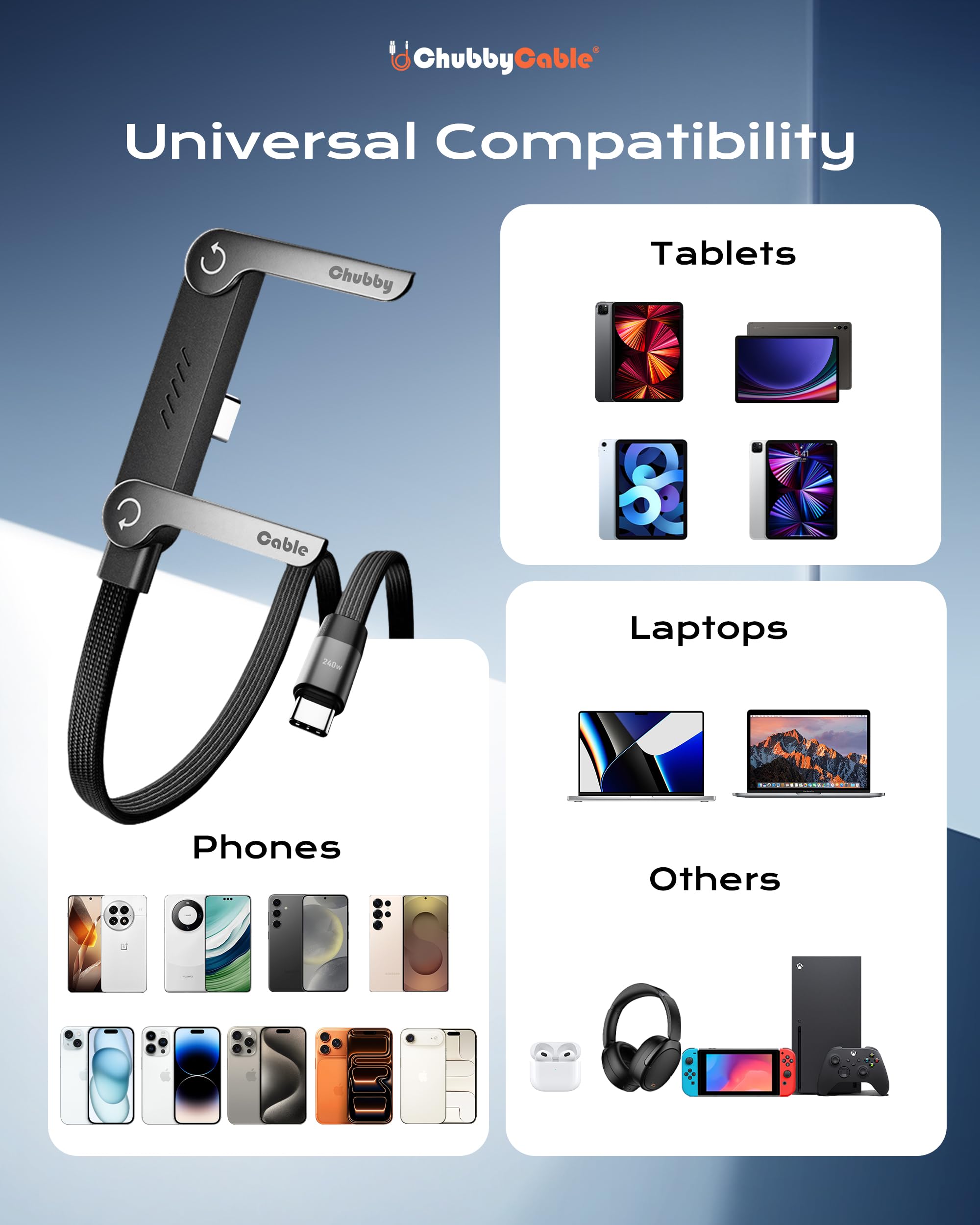 chubbycable StandLite - Cavo di ricarica rapida intrecciato da 240 W con supporto per telefono integrato, a forma di T, pieghevole, durevole, cavo USB-C a 90 gradi, cavo di ricarica multifunzione ad