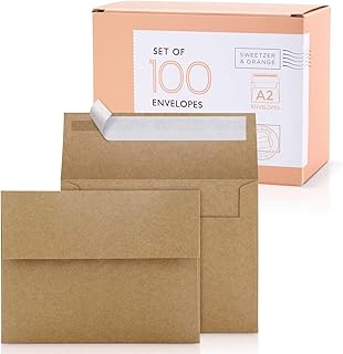 Sweetzer & Orange A2 Envelopes Brown Self Seal Paper Mailers (100 with Box). Luxury 150gsm For Greeting Card and Invitation Holders 4-3/8 x 5-3/4, Photos, Wedding, RSVP Cards Plain Mailing Inserts