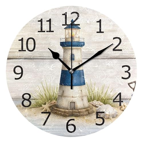 ALAZA Non-Ticking Silent Round Wall Clock, Vintage Lighthouse Wooden Nautical