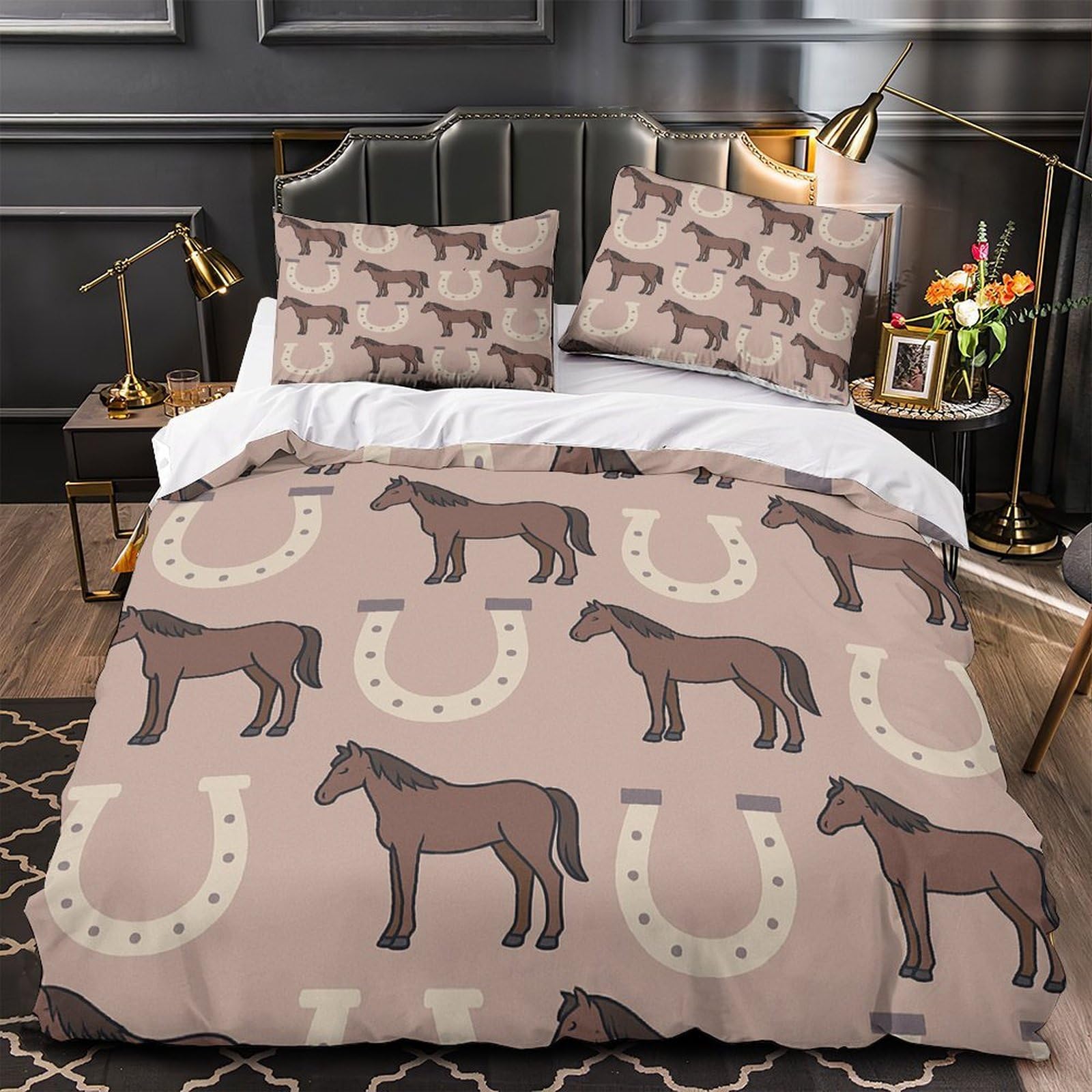 Housse de couette cheval rustique avec fermeture éclair, parure de lit 3 pièces hypoallergénique