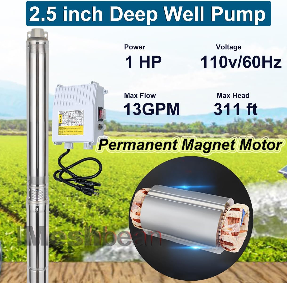 Technical specifications of the iMeshbean 2.5 inch deep well pump including power, voltage, max flow, and max head.