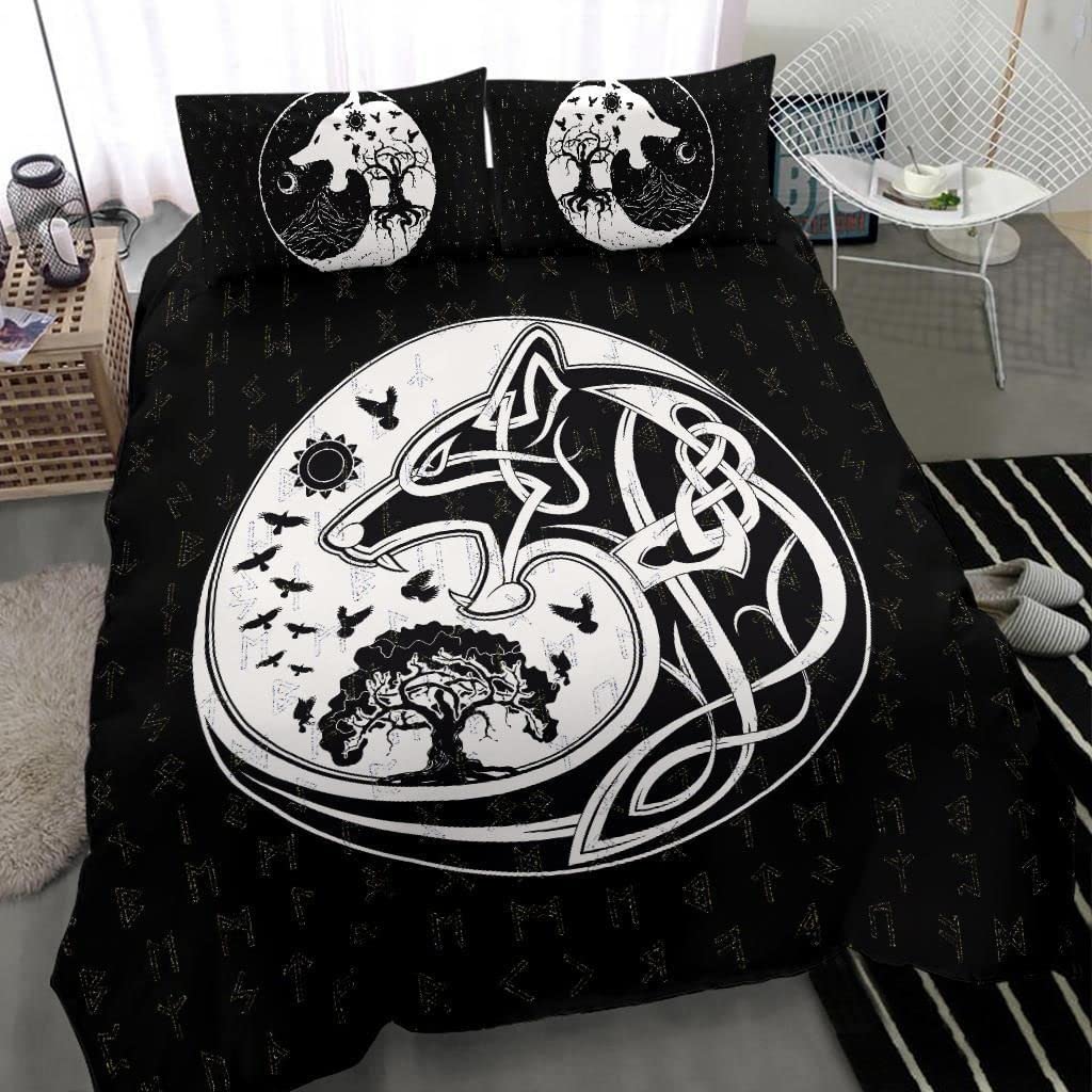 Housse de couette loup Fenrir Viking avec 2 taies d'oreiller noires 210 cm