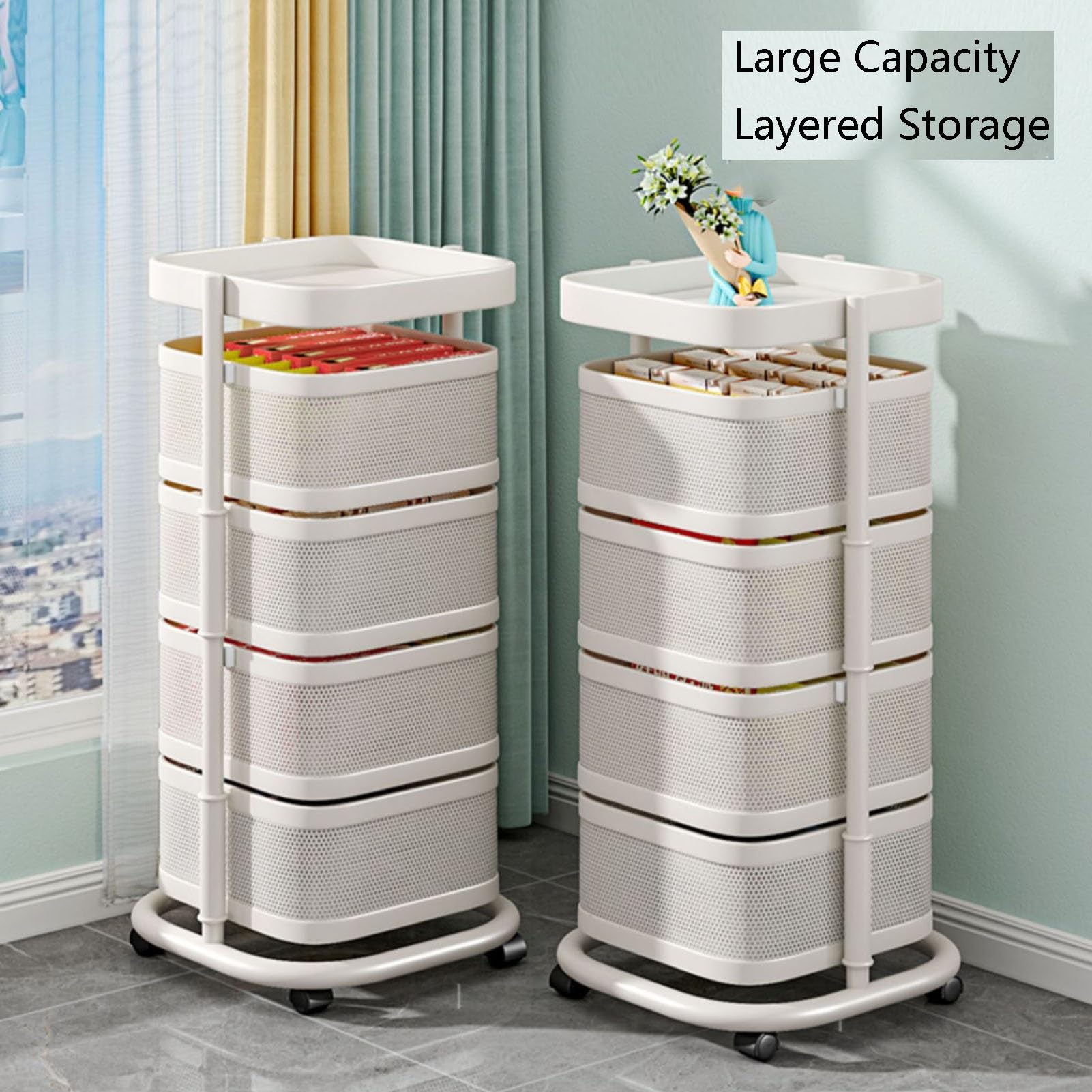 Scaffale girevole per frutta e verdura, mensola da bagno a 4 ripiani con ruote, chiusura magnetica, per cucina e camera da letto