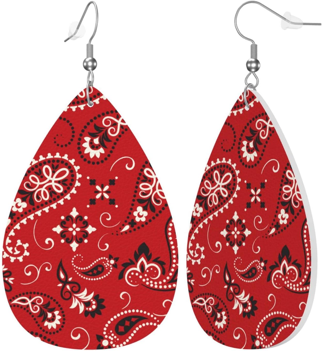 Red Paisley Faux Leather Teardrop Earrings for Women Drop Dangle Earrings Gift - Image 2