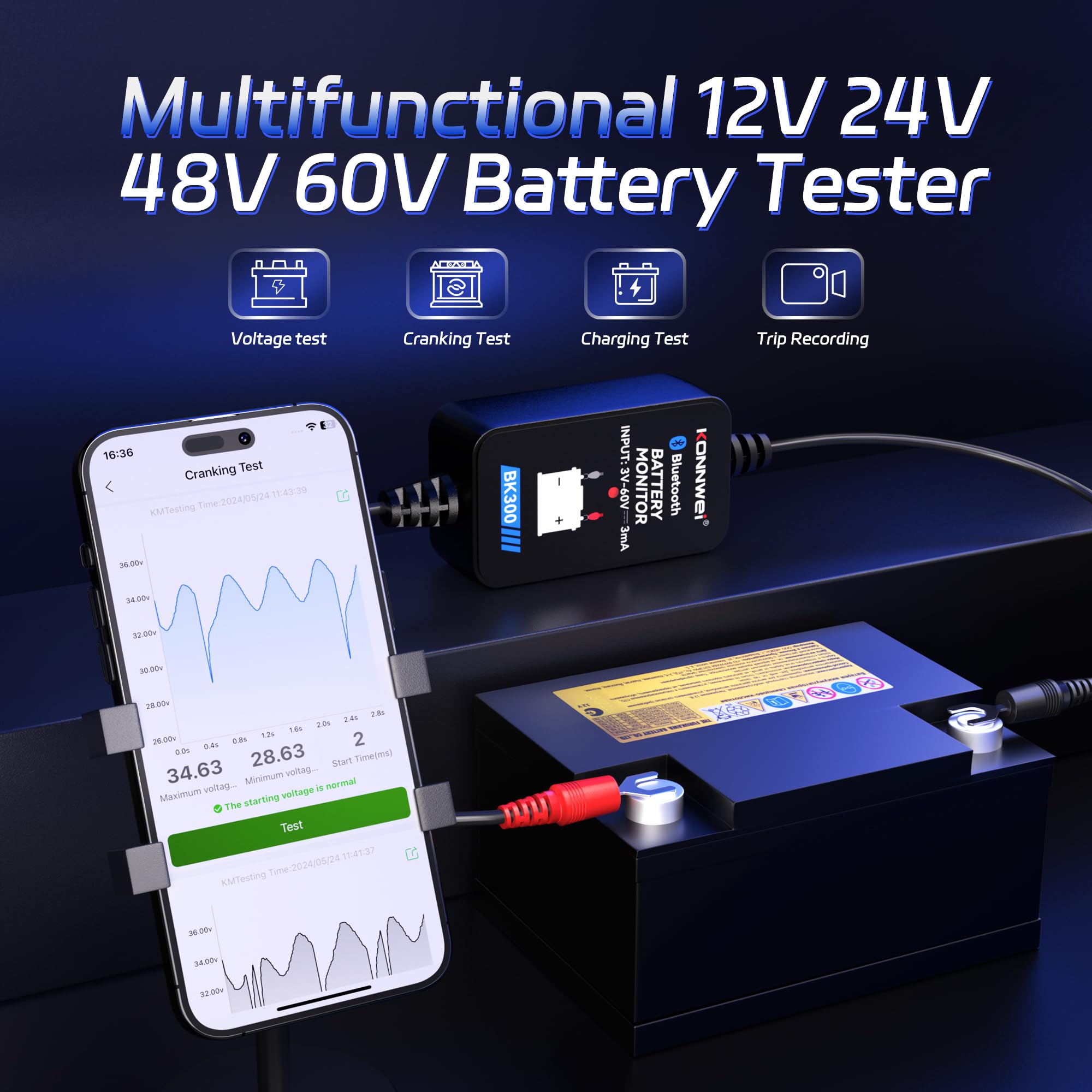 KONNWEI Bluetooth Battery Monitor 12V 24V 48V 60V Car Battery Tester, Free APP, Bluetooth 5.2 chip, Support Voltage/Starting/Charging Test Function. Suitable for Car/RV/Motorcycle/Truck/Boat