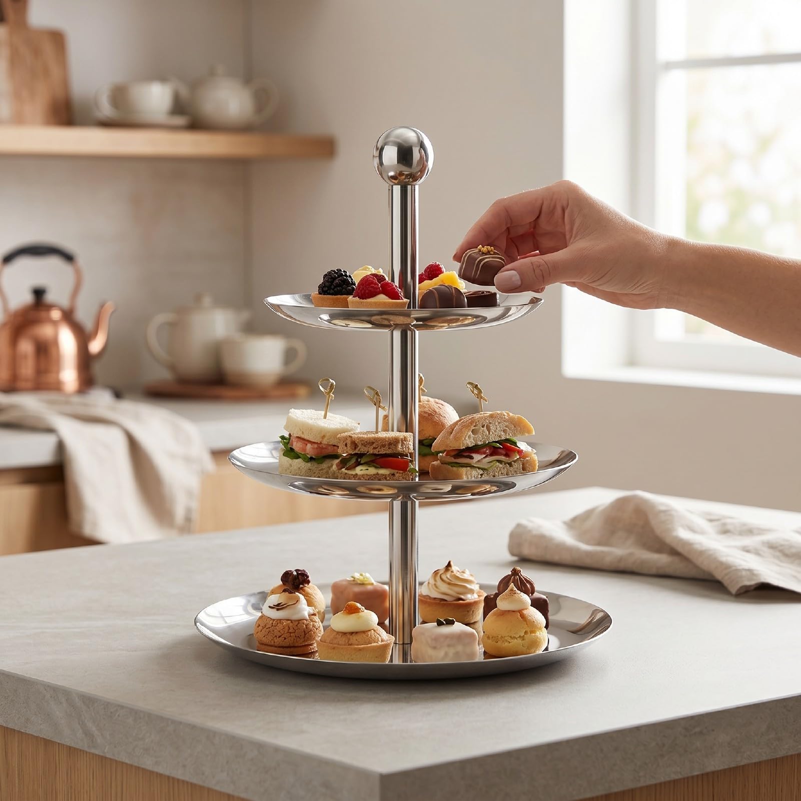 Plato Expositor de Postres de Tres Niveles | Bandeja para Servir de Acero Inoxidable con Soporte para Pasteles, Torre para Magdalenas para Fiestas, Bodas, Buffets, Aperitivos y Pasteles de