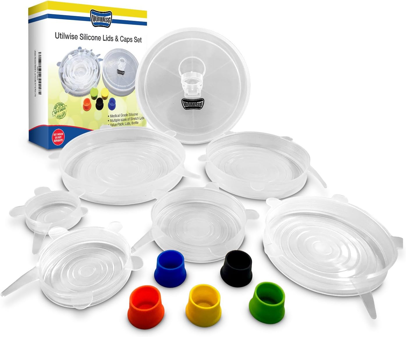 Absolute Stretch Silicone Lids & Silicone Bottle Caps Set- 100% BPA Free- Perfect Coverage For Your Containers, Jars, Bowls & Bottles- Adjustable & User Friendly- Plastic Storing Box Included