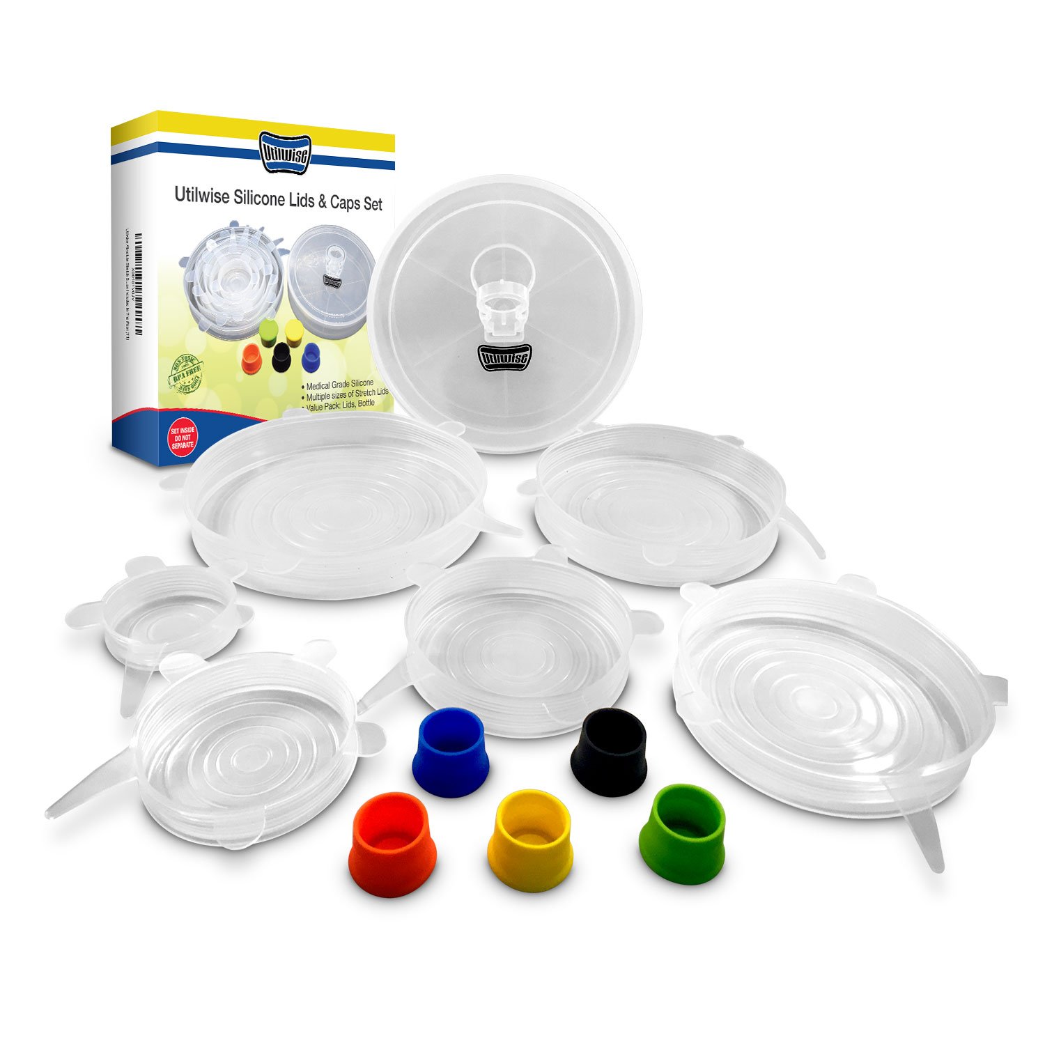 Absolute Stretch Silicone Lids & Silicone Bottle Caps Set- 100% BPA Free- Perfect Coverage For Your Containers, Jars, Bowls & Bottles- Adjustable & User Friendly- Plastic Storing Box Included