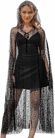 Black Hooded Cape Gothic Cloak Witch Halloween Costume Mesh Long Robe for Women and Girls