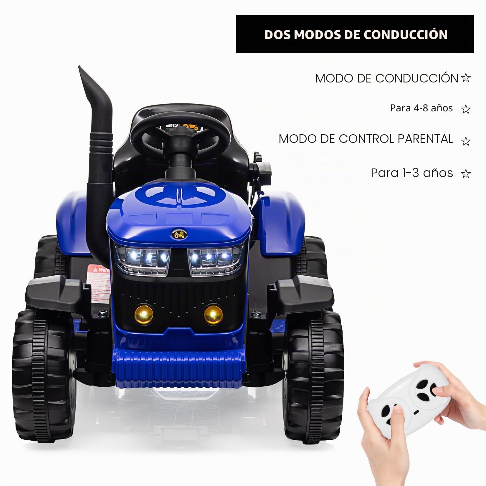 Tractor Eléctrico Niños con Remolque Desmontable Doble Motor 35W, Coche Eléctrico 12V a 6 Neumáticos para Niños con Control Remoto Música, 3 Velocidades, Faros de 7 LED, Cuerno (Azul)