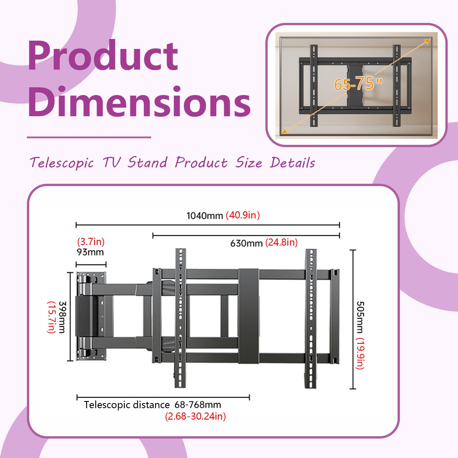Soporte Pared TV motorizado Extensible para Pantallas LCD 65–86 Pulgadas | Soporte motorizado con control remoto, giro de 70–90° y ligera inclinación, VESA máxima 750x600 para hogar y oficina