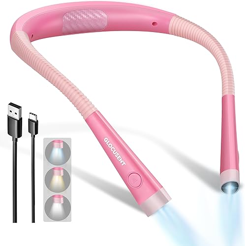 Glocusent - Luz de lectura para el cuello, 3 colores, 6 niveles de brillo, brazos flexibles, recargable, larga duración, perfecta para leer en la
