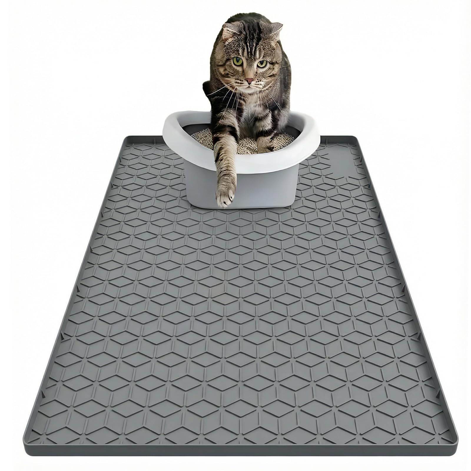 Silicone Cat Litter Mat, Large Cat Litter Tray Mat 86 x 56 CM Cat Litter Trapping Mat, Non-Slip and Waterproof, Raised Edge Easy Clean, Cat Mat for Litter Box (Grey)