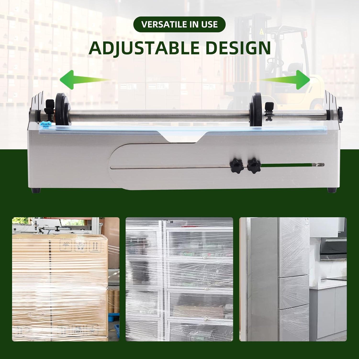 Adjustable Tabletop Stretch Film Dispenser with Cutter, Heavy Duty Stainless Steel Wrapper for 16 to 26 Inch Rolls, Ideal for Warehouse and Shipping Use