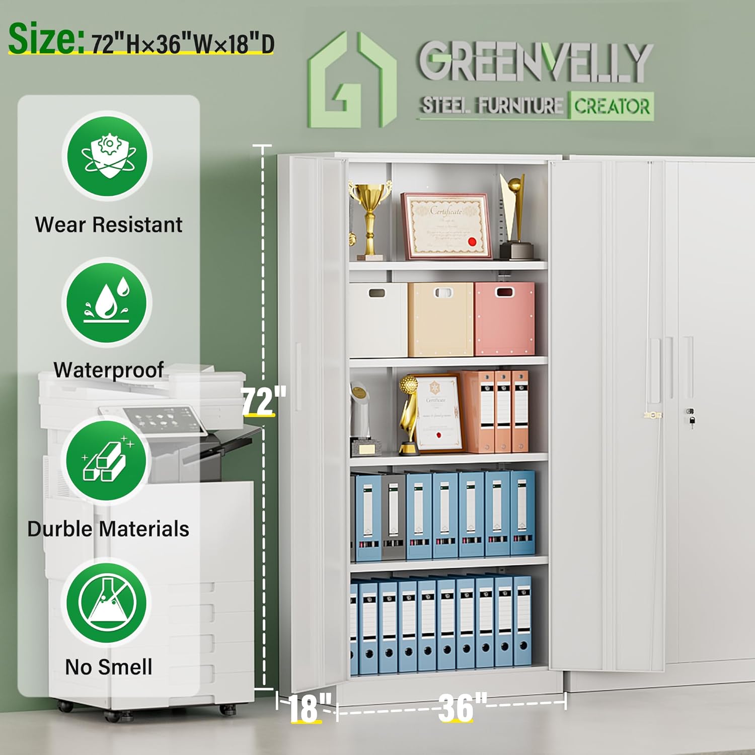 Greenvelly Metal Storage Cabinet with 2 Doors and 4 Adjustable Shelves, 72" White Metal Cabinet with Locking Feature and 2 Keys for Office, Home, Garage, Gym, School