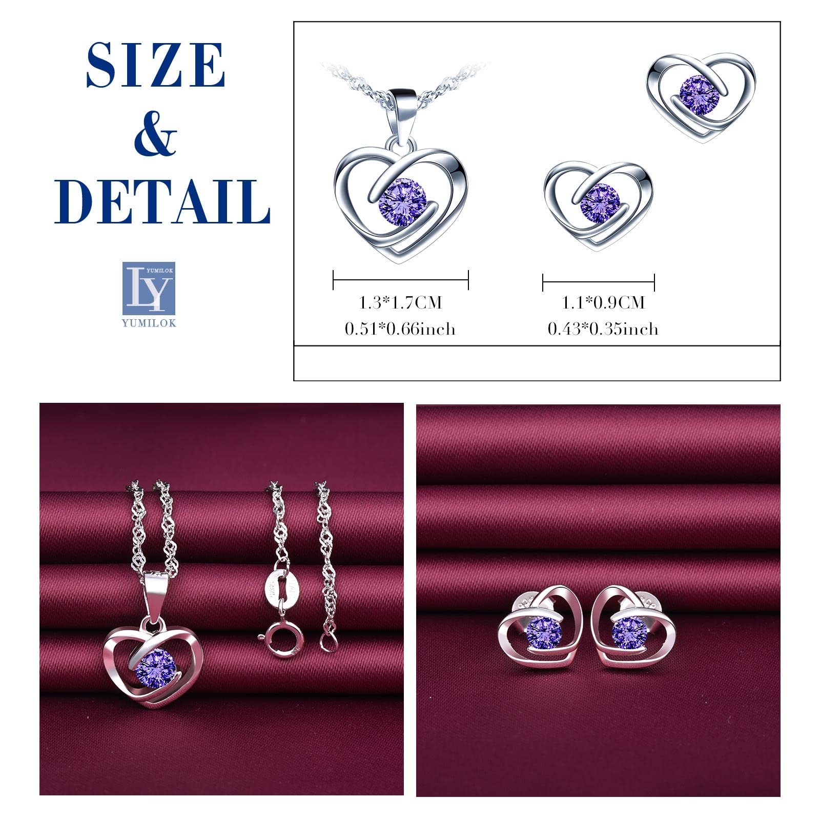 Yumilok-Collar con colgante para mujer S925 Plata de ley Simple Hollow Love Heart Circón Pendientes de botón de plata esterlina Conjunto de combinación de colgante Moderno y hermoso(Azul)