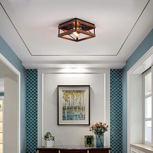 Miniatura 2 de Lámpara de techo rústica de montaje empotrado con dos luces de metal y madera cuadrada para pasillo, dormitorio, cocina, entrada, color negro