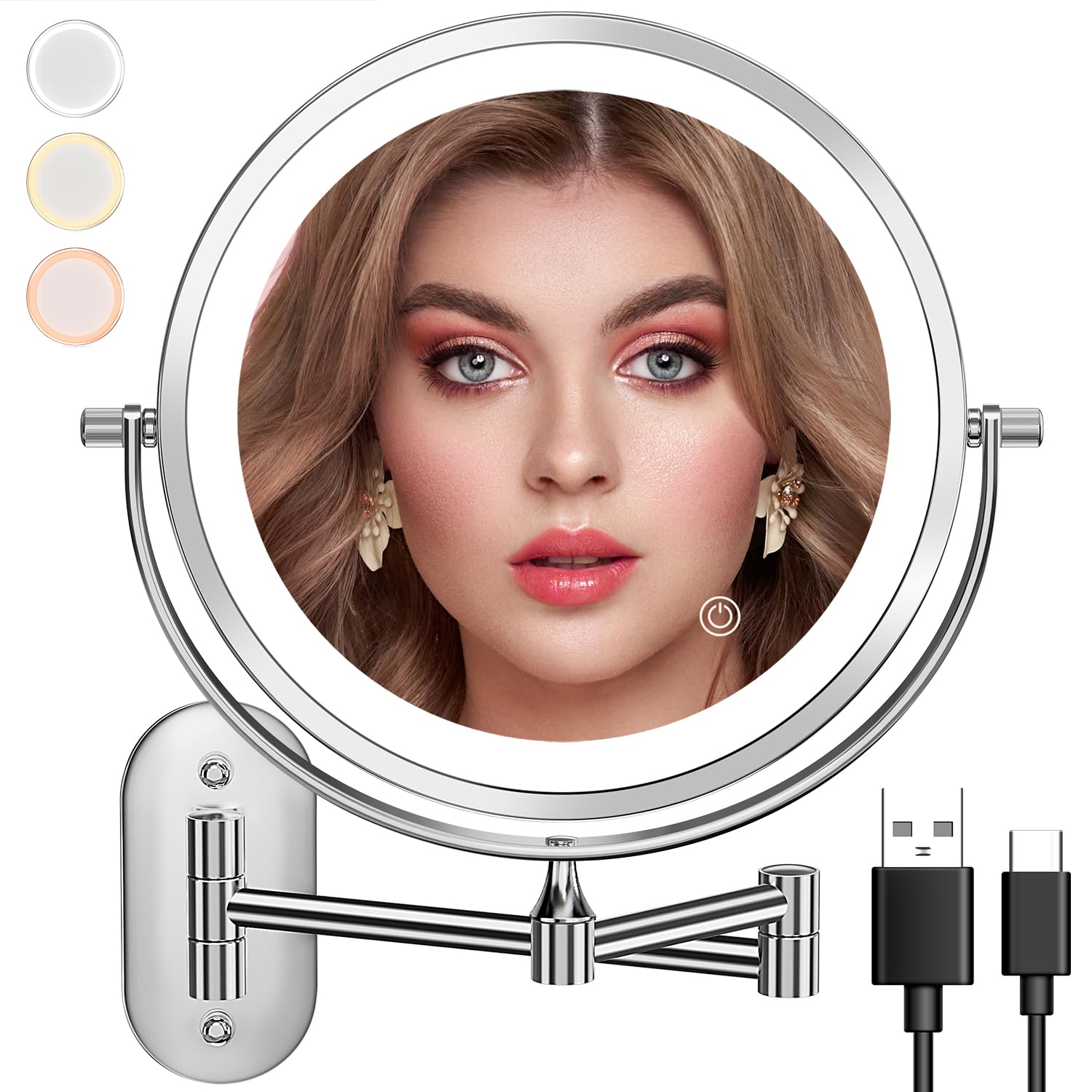 Auxmir Espejo Maquillaje con Luz Recargable, Aumento 1X/20X Doble Cara Giratorio 360, Espejo Baño Pared Extensible Táctil con USB, 3 Colores Brillo Regulable, para Hotel, Plata