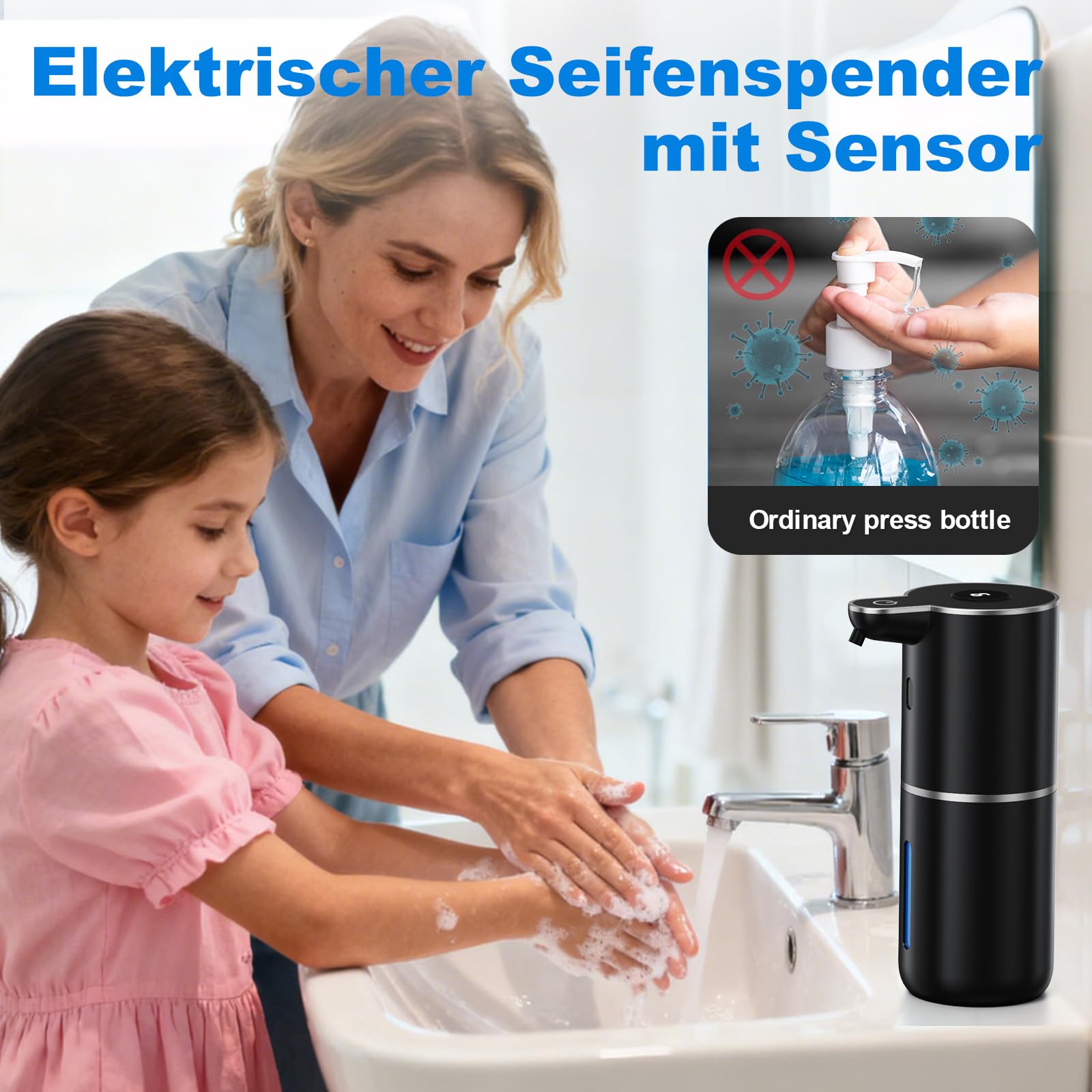Fantictas Seifenspender Automatisch, Elektrischer Schaumseifenspender mit Display, USB-Wiederaufladbarer,6-Stufig Einstellbar, 380ml Wandmontage für Badezimmer/Küche/Geschirrspülmittel, Schwarz