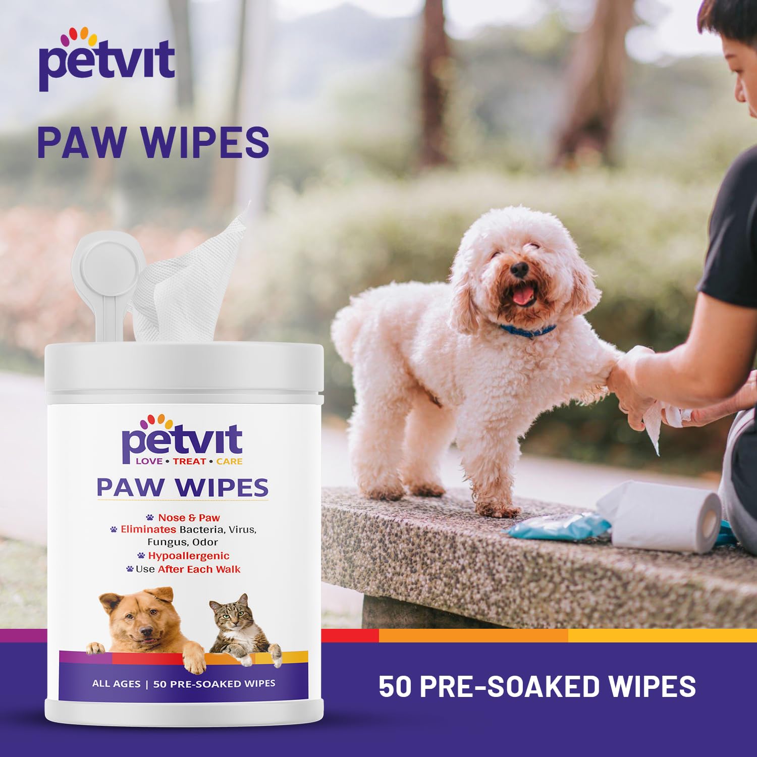 Petvit Nose and Paw Wipes for Eliminates Bacteria, Virus, Fungus, Odor - Fragrance Less 50 Wipes |for All Age Group 2