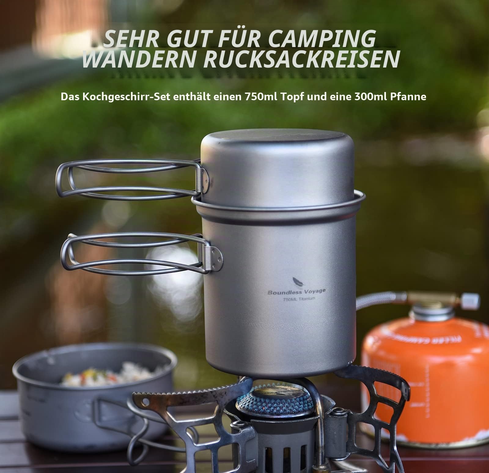 iBasingo Titan Töpf Pfanne Set Camping Kochgeschirr Leichte Outdoor Schüssel Set Koch Mess Kit mit Klappgriff Küchen Utensilien für den Außenbereich 2 Stücke/Set